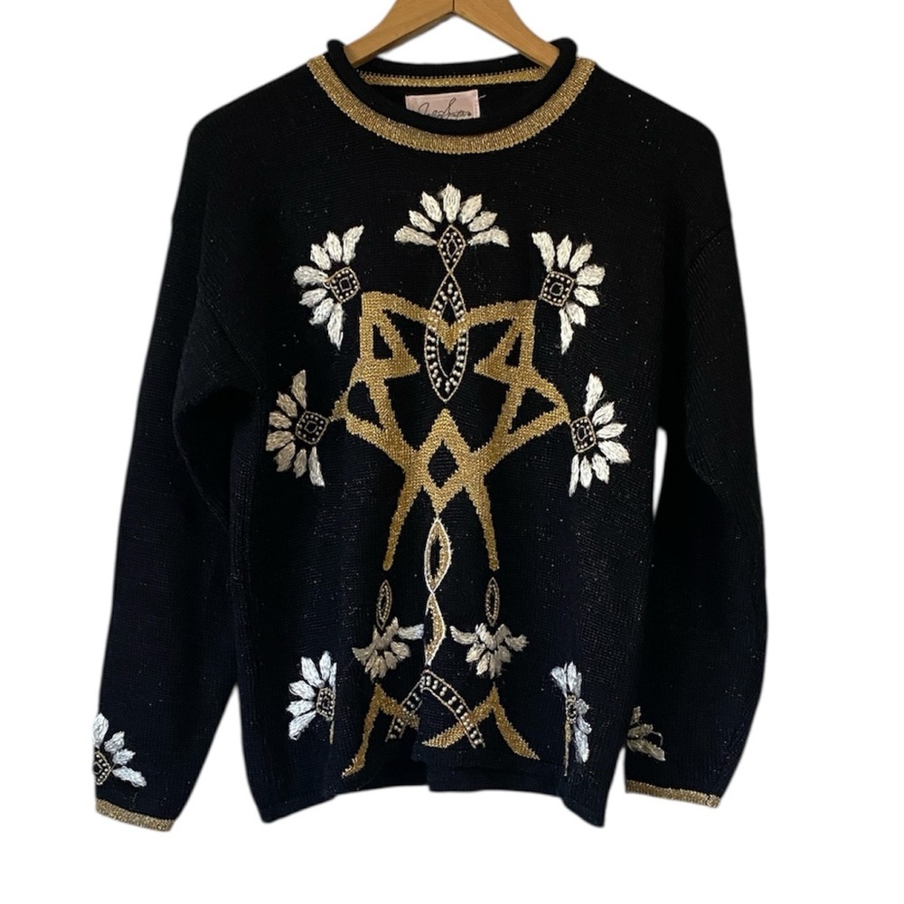 Vintage Jaclyn Smith Black Sweater with Gold Accents embroidered flowers M